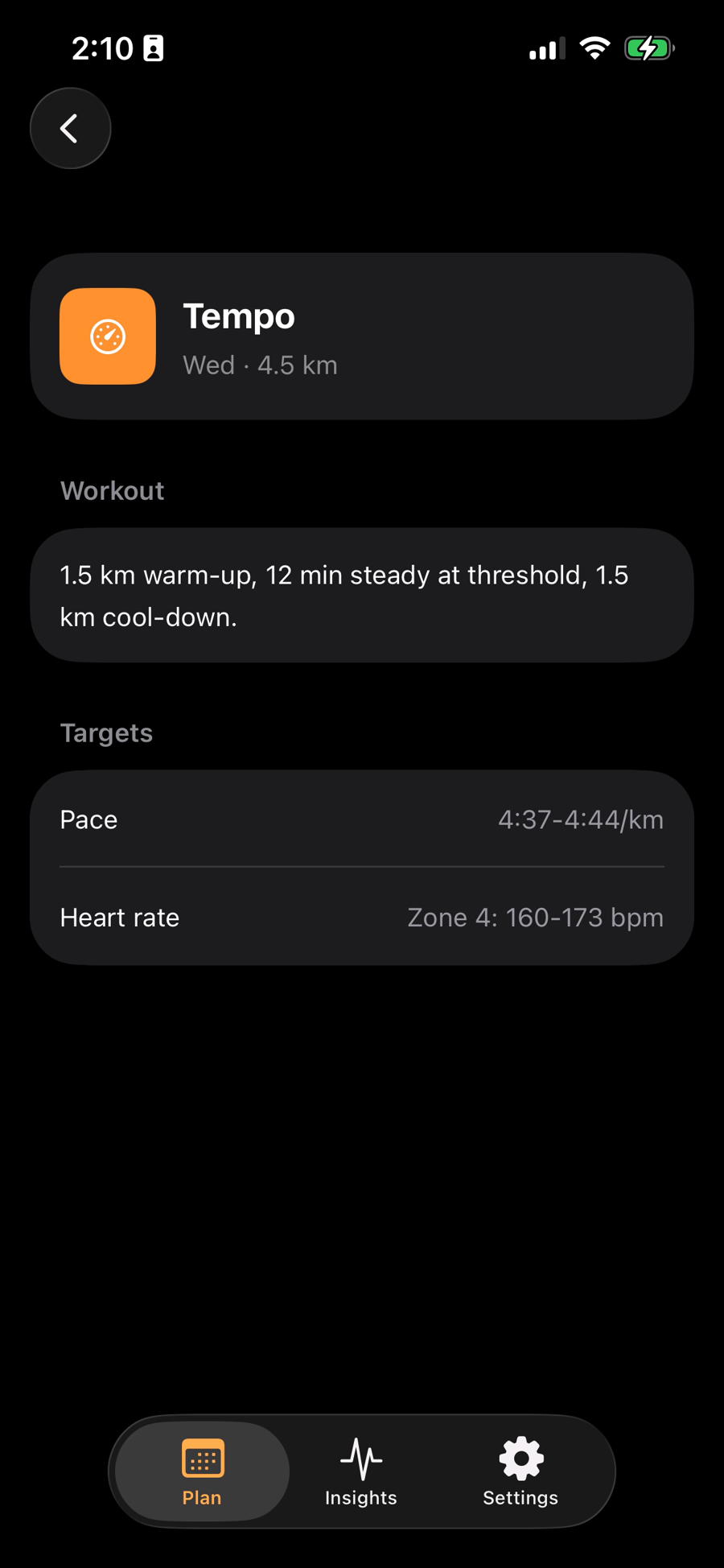 Tempo session detail with pace and heart rate targets