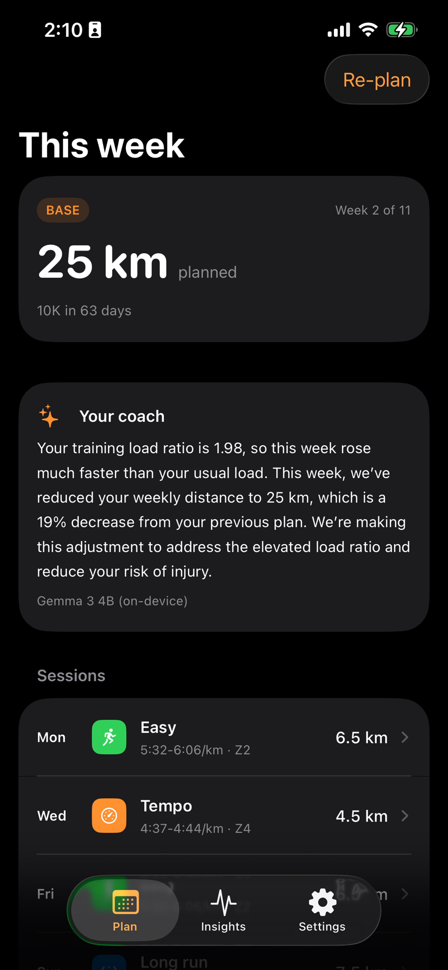 Weekly plan with a coach note about the load ratio